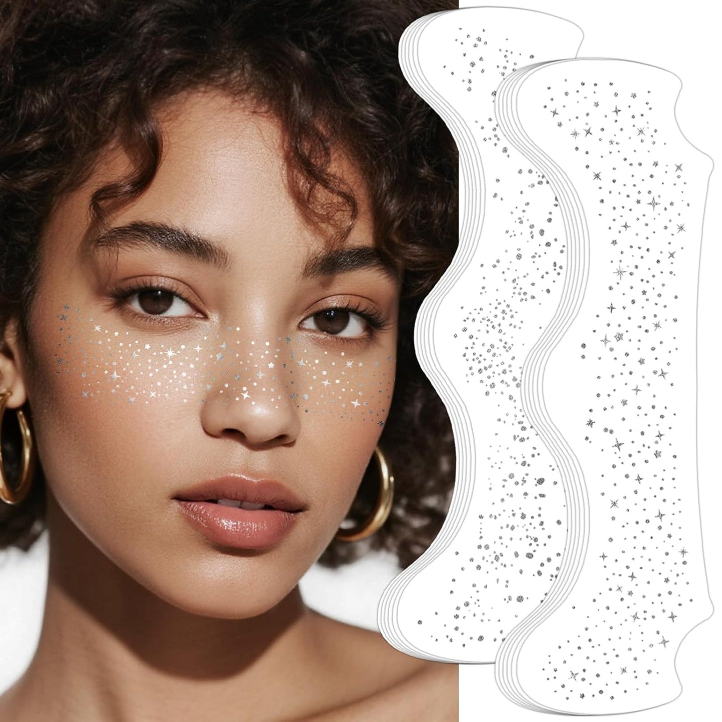 24pcs Glitter Freckles Face Tattoo - Silver Face Sparkle Freckles Temporary Tattoos for Women Girls, Waterproof & Long Lasting Freckles Makeup Patches for Party, Concerts, Daily Accessories