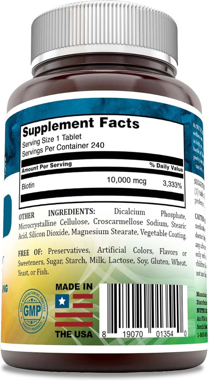 Biotin (Vitamin B7) 10,000 mcg Supplement | 240 Tablets | Non-GMO | Gluten Free | Made in USA