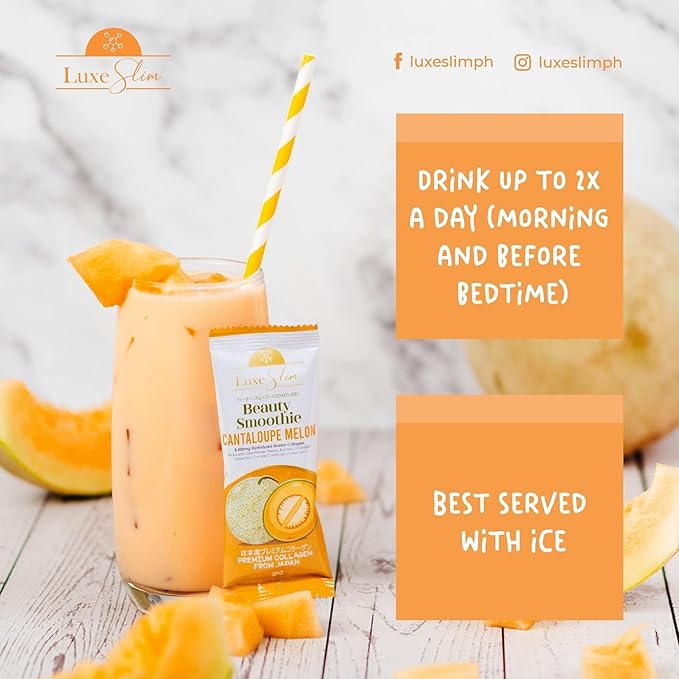Luxe Slim Beauty Smoothie Cantaloupe Melon, 80,000mg Hydrolyzed Marine Collagen, 21gx10 Sachets, 7.4075 Ounce