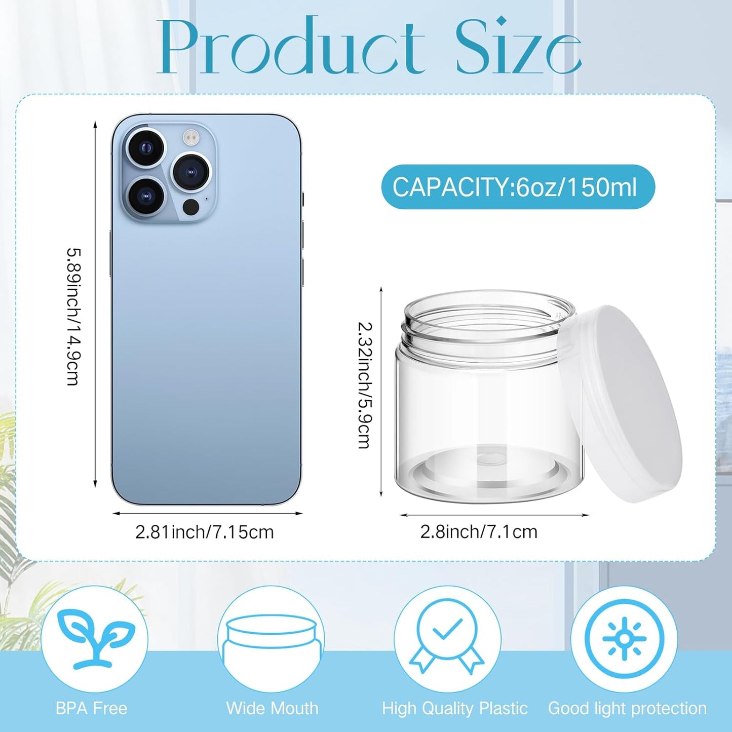 SATINIOR 100 Pcs Plastic Jars with Lids Small Containers Lids Wide Mouth Small Plastic Containers for Lotion Cream Rhinestones Body Butters Travel Storage(6 oz, Clear)