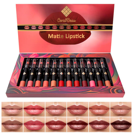 Matte Lipstick Set - 12-Piece Lip Crayon Set With Nude, Pink, Mauve & Red Shades - Waterproof, Long-Wearing Smudge Proof Lipstick Formula with Rich Colors & Pigments
