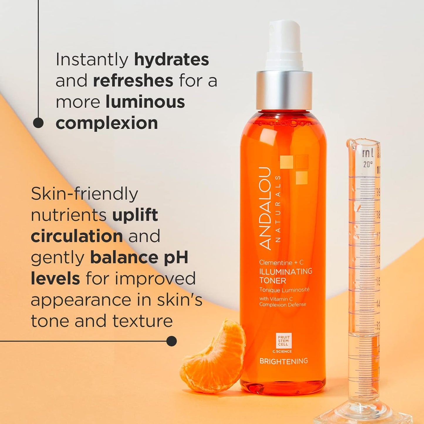Andalou Naturals Illuminating Facial Toner Clementine + Vitamin C - Hydrating Face Mist Toner to Balance & Refresh Skin - with Fruit Stem Cell Complex Plus Aloe Vera - 6 fl oz