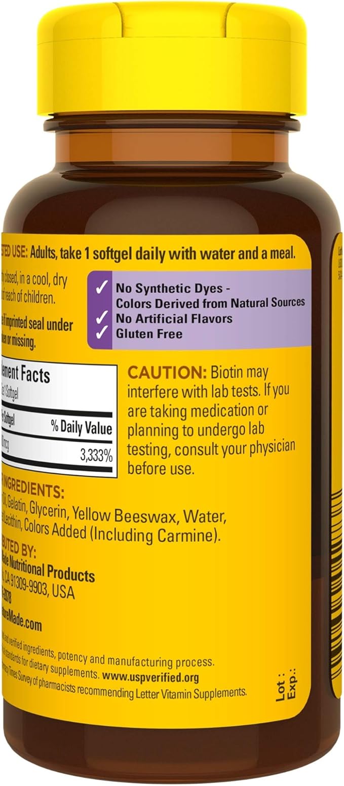 Nature Made Biotin 1000 mcg, Dietary Supplement Supports Healthy Hair & Skin, 120 Softgels, 120 Day Supply (Pack of 2)