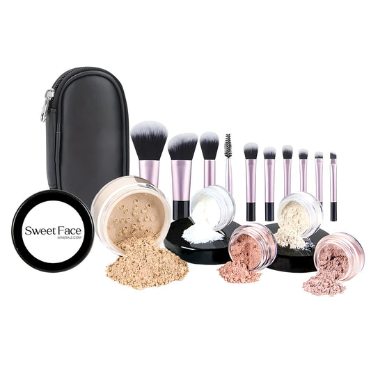 16pc Beginner Mineral Makeup STARTER KIT with 10 BRUSH SET (5gm)Sample Size Foundation, Primer, Blush, Bronzer, Setting Powder for Learning, Occasional Use & First Time Users, Travel Size Kit (Fair 2)
