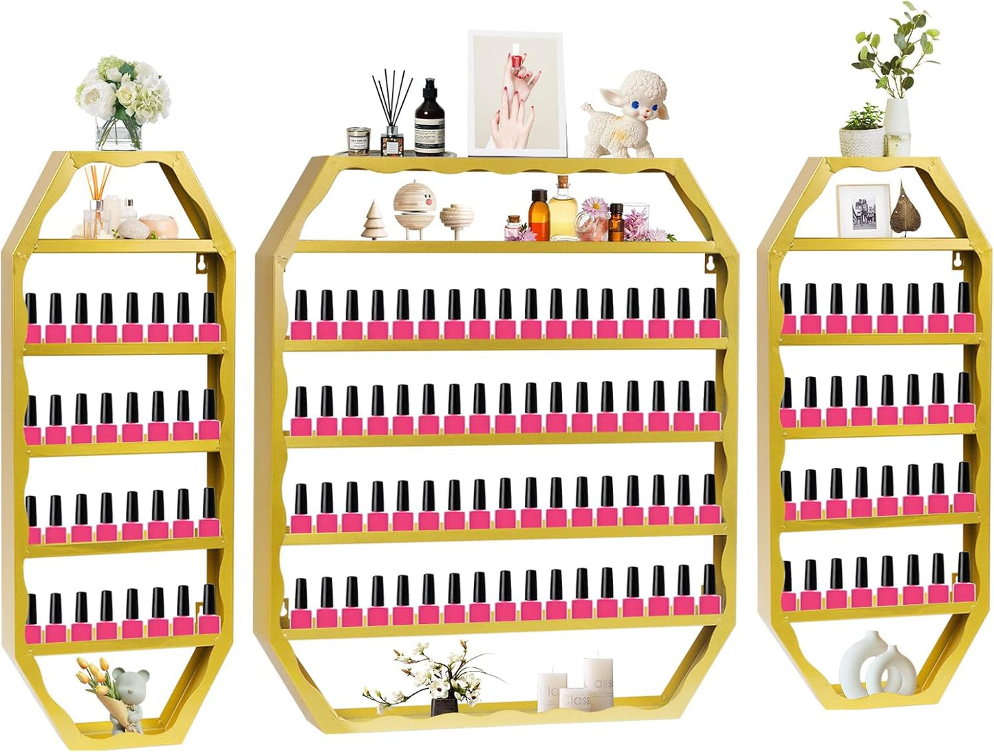 EBANKU Hexagon Nail Polish Racks Heavy Duty Nail Shelfs for Wall Gold Nail Polish Display Rack Cosmetic Display Cases Nail Bottles Organizer Wall Shelf for Home Spa Nail Salon
