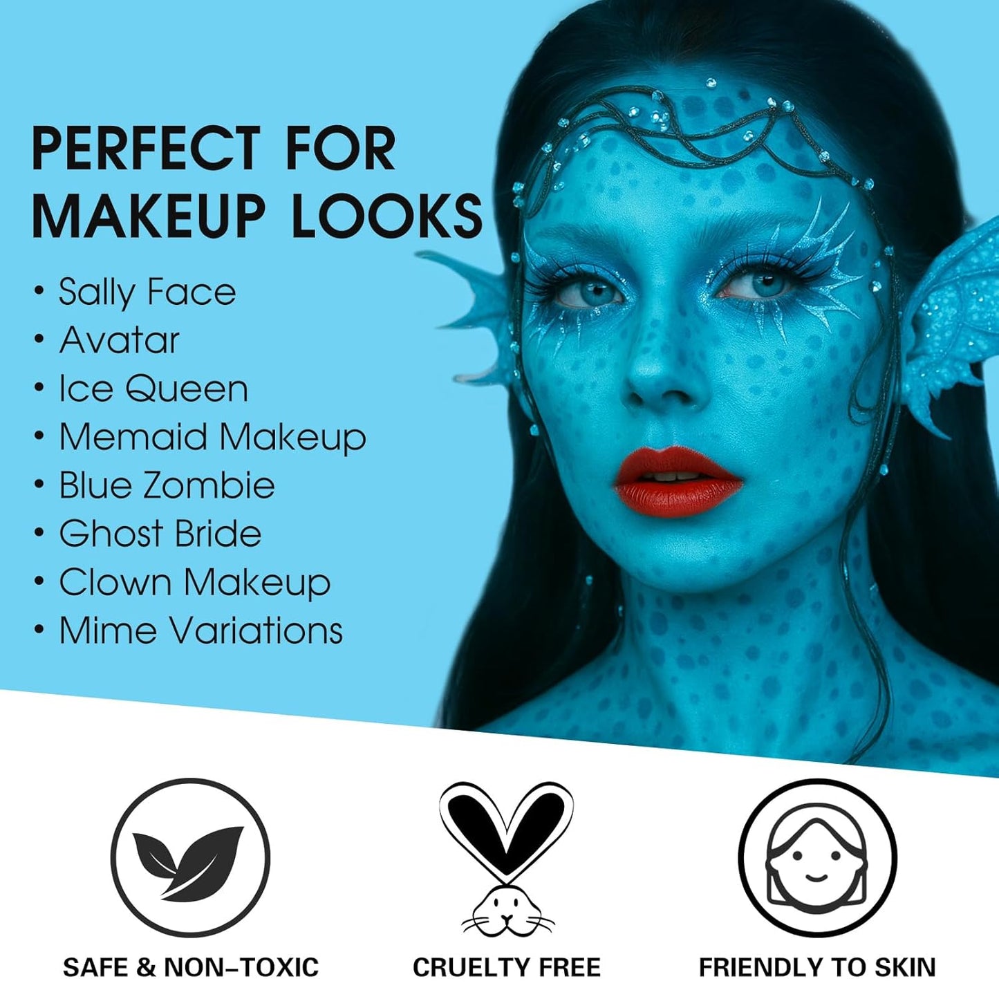 BOBISUKA Sally Halloween Makeup Kit- Light Blue Face Body Paint Stick with Red Lipstick, Black Eyeliner, Self-Adhesive Lashes, Setting Powder & Sponges Makeup Set For Avatar, Corpse Bride, Theme Party