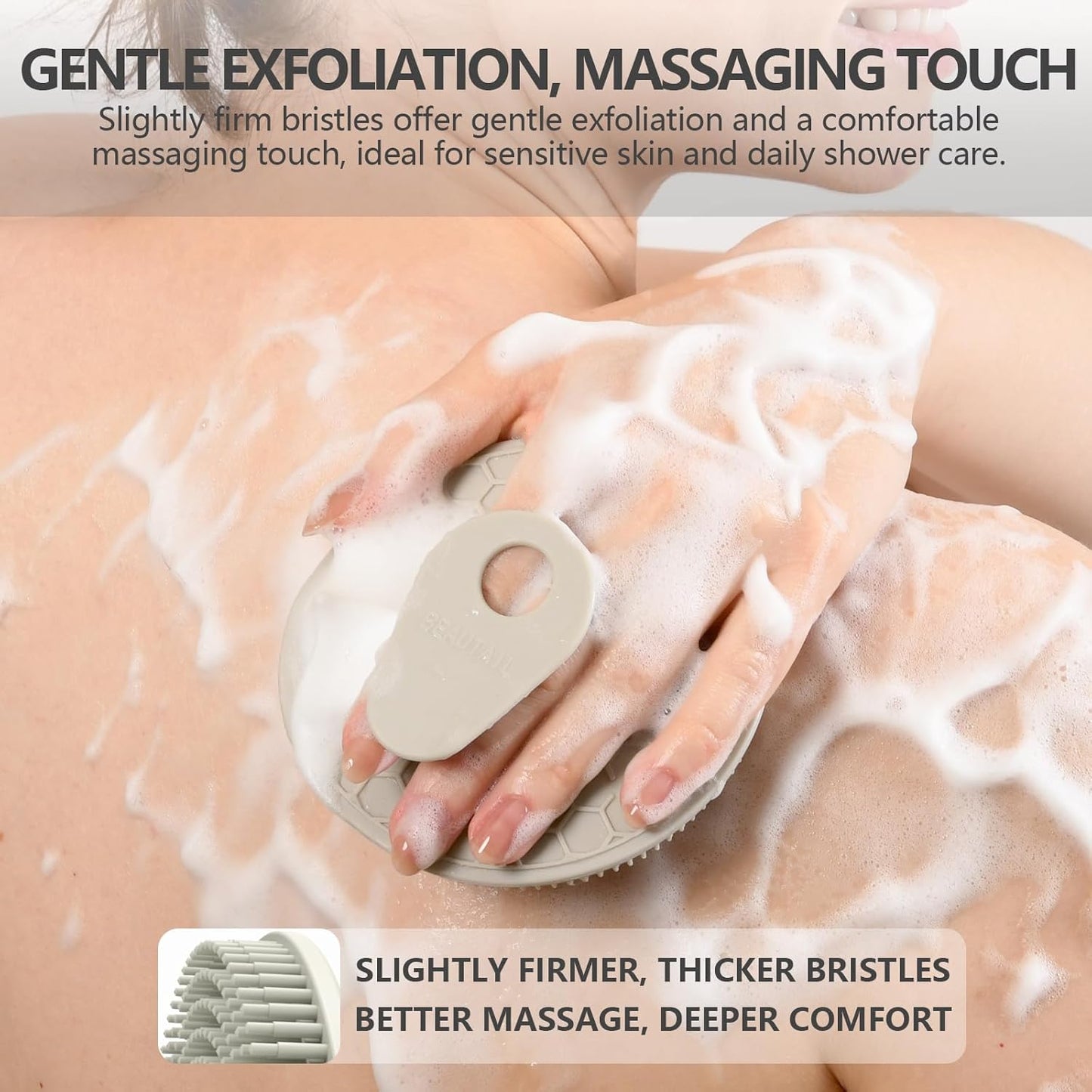 Silicone Body Scrubber with Scrub Net Set, BEAUTAIL 2 Pack for Rich Lather, Deep Cleansing, and Exfoliation – Durable, Easy to Clean, Gentle or Firmer Options – 1 Shower Brush Gray, 1 Scrub Net Gray