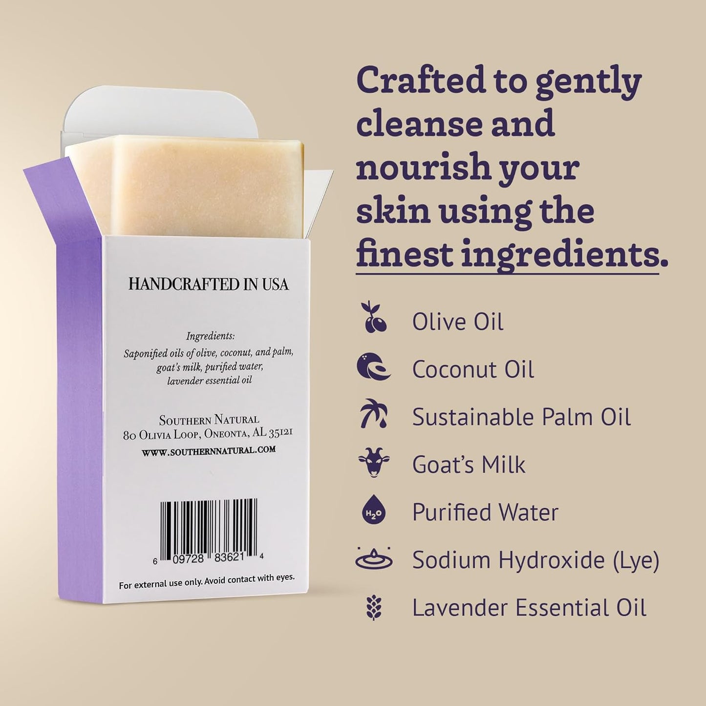 Southern Natural Goat Milk Soap Bar (Lavender 1 Pack) For Dry Sensitive Skin. Natural, Handmade Soap For Men, Women, Kids & Baby. Use On Face & Body