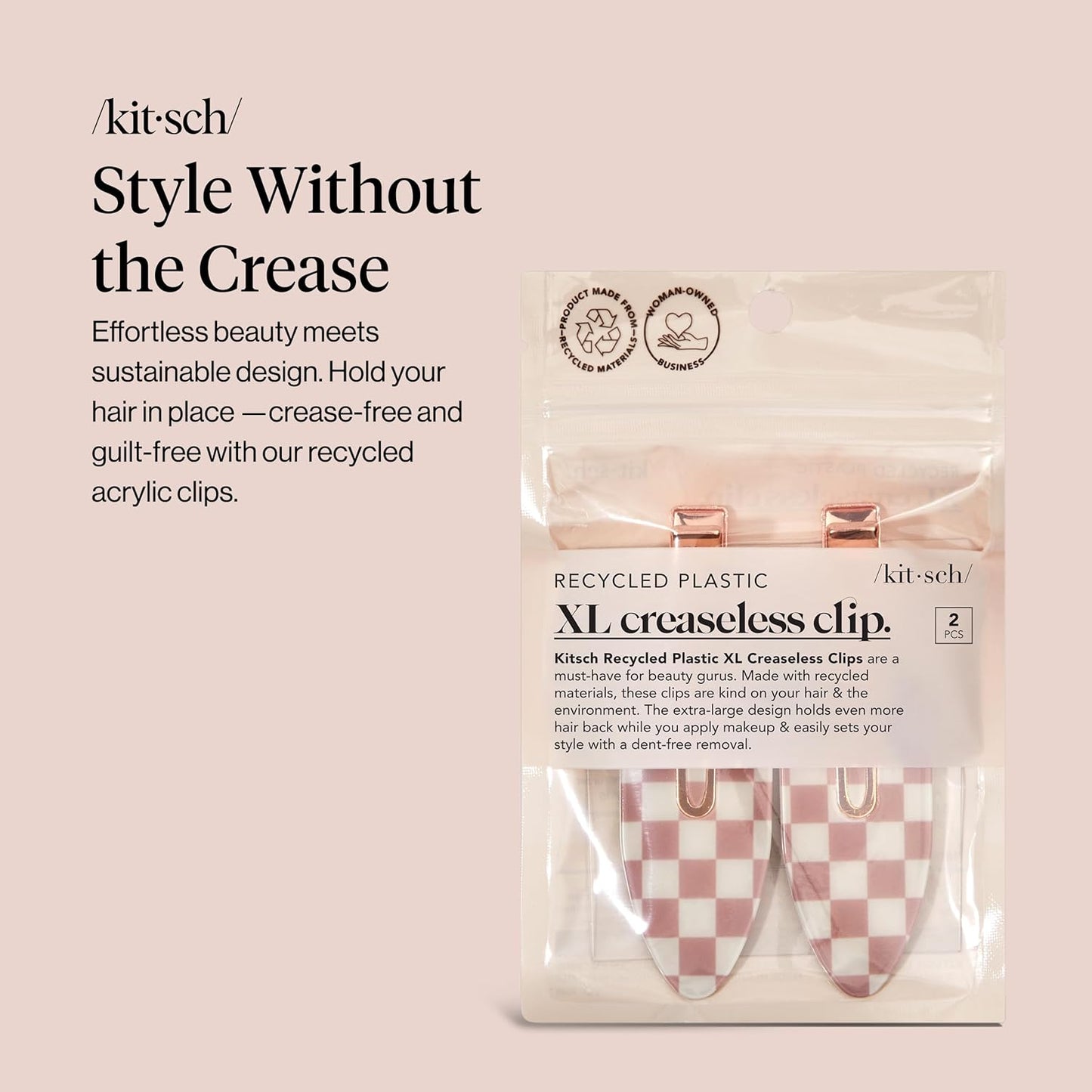 Kitsch Creaseless Hair Clips for Women - No Crease, No Bend Hair Clips for Styling, Bangs, Makeup Application, Face Wash | Recycled Acrylic - Checkered Terracotta | Ideal Gifts for Women, 2pcs