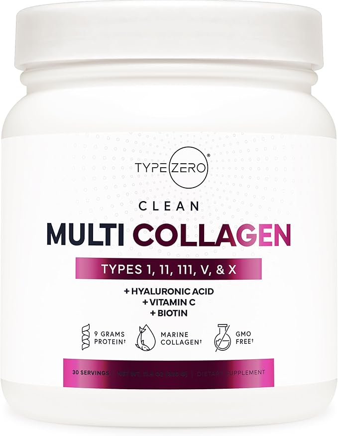 Type Zero Multi Collagen Powder 30 Servings (Unflavored) - Types I, II, III, V, & X Collagen Peptides + Hyaluronic Acid, VIT C, Biotin