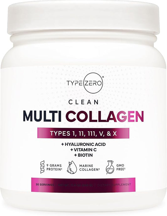 Type Zero Multi Collagen Powder 30 Servings (Unflavored) - Types I, II, III, V, & X Collagen Peptides + Hyaluronic Acid, VIT C, Biotin