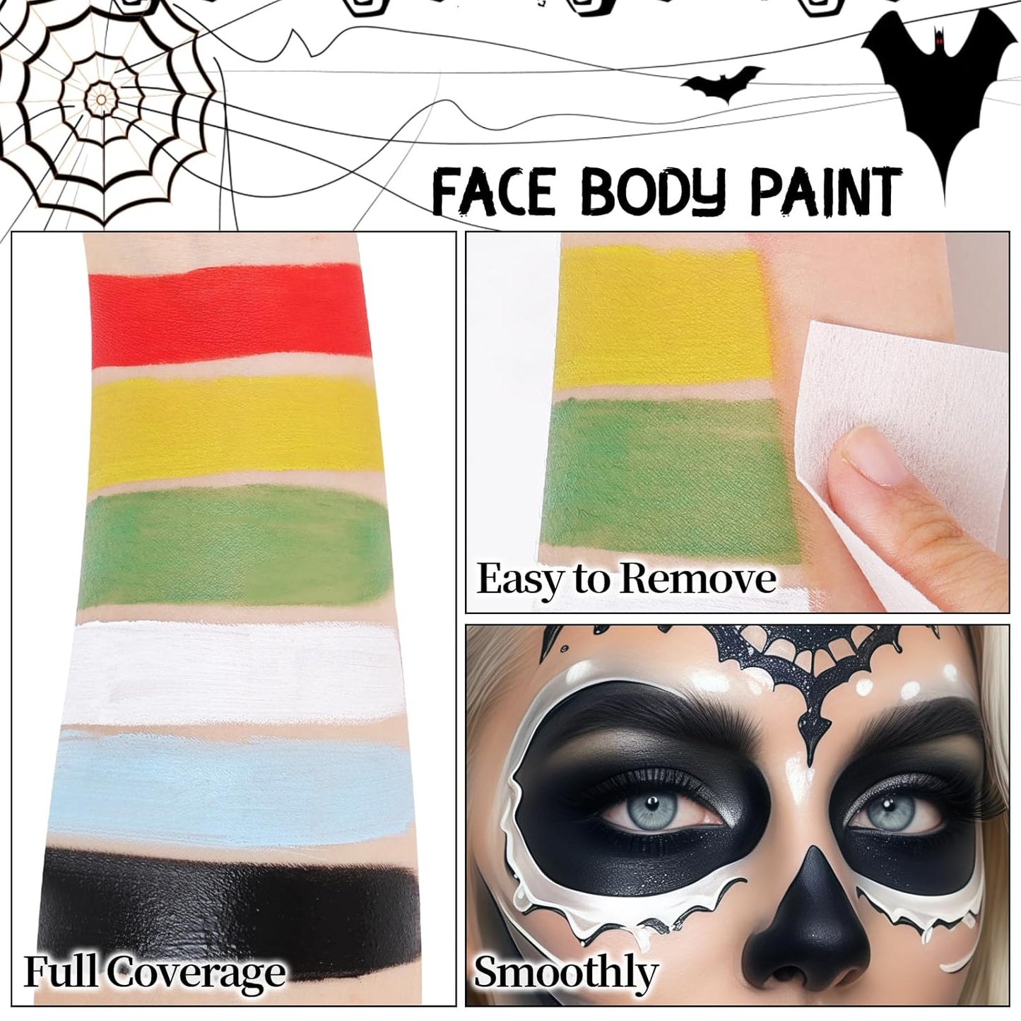 Halloween Makeup Kit for Clown, Black White Face Paint Set for Classic joker Skeleton Looks with Red Eyeshadow Stick, Water-Based Body Paint Set for Cosplay SFX Makeup, Stage shows, Parties