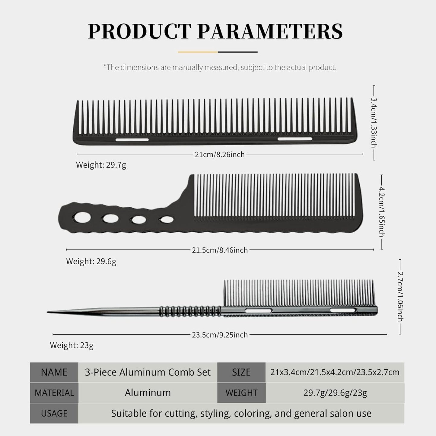 3 Pcs Professional Aluminum Comb Set for Barber Hair Styling - Fine Cutting, Rat Tail, Handle Combs (Rose Gold)