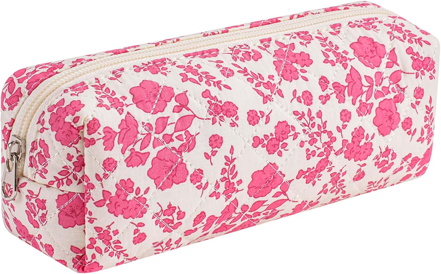 Cute Floral Cotton Makeup Brush Cosmetic Bag for Women, Travel Quilted Zipper Make Up Bag, Flowers Toiletry Organizer Case Kawaii Makeup Cosmetic Travel Cloth Pouch (Big Red Floral)
