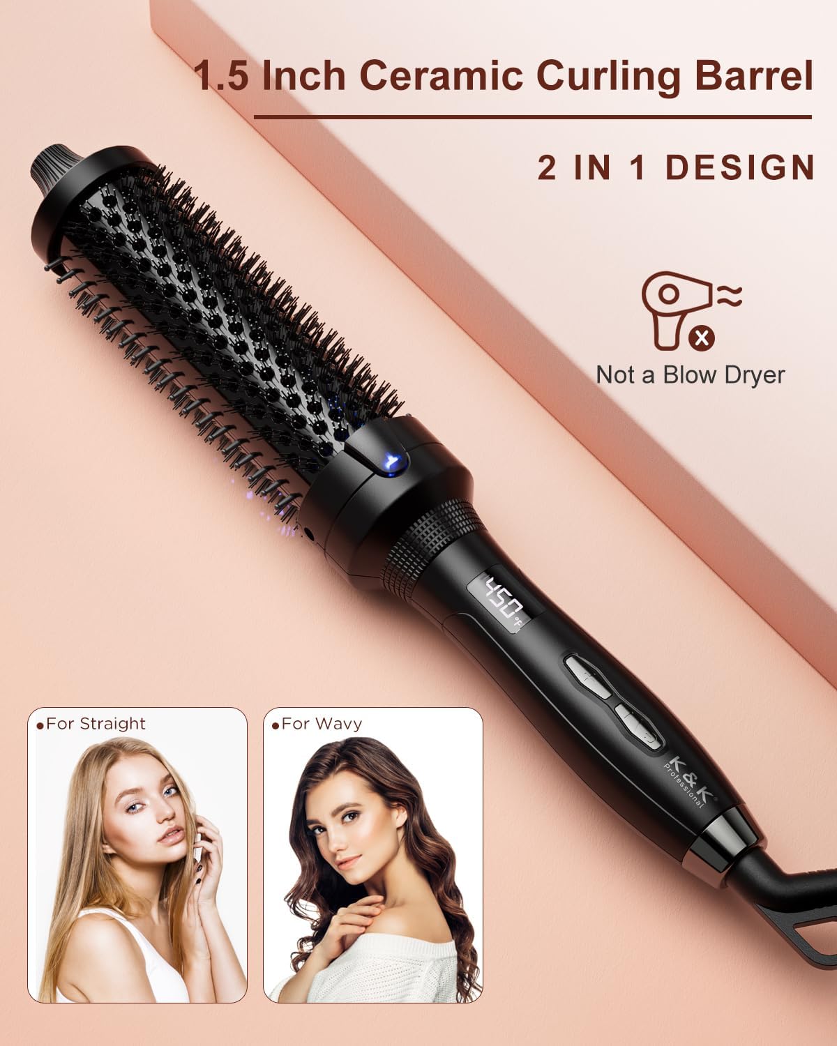 K&K Thermal Brush, Negative Ion 1 1/2 Inch Heated Curling Brush with Ceramic Tourmaline for Blowout Look, Multi Temperature Thermal Round Brush Dual Voltage for Traveling