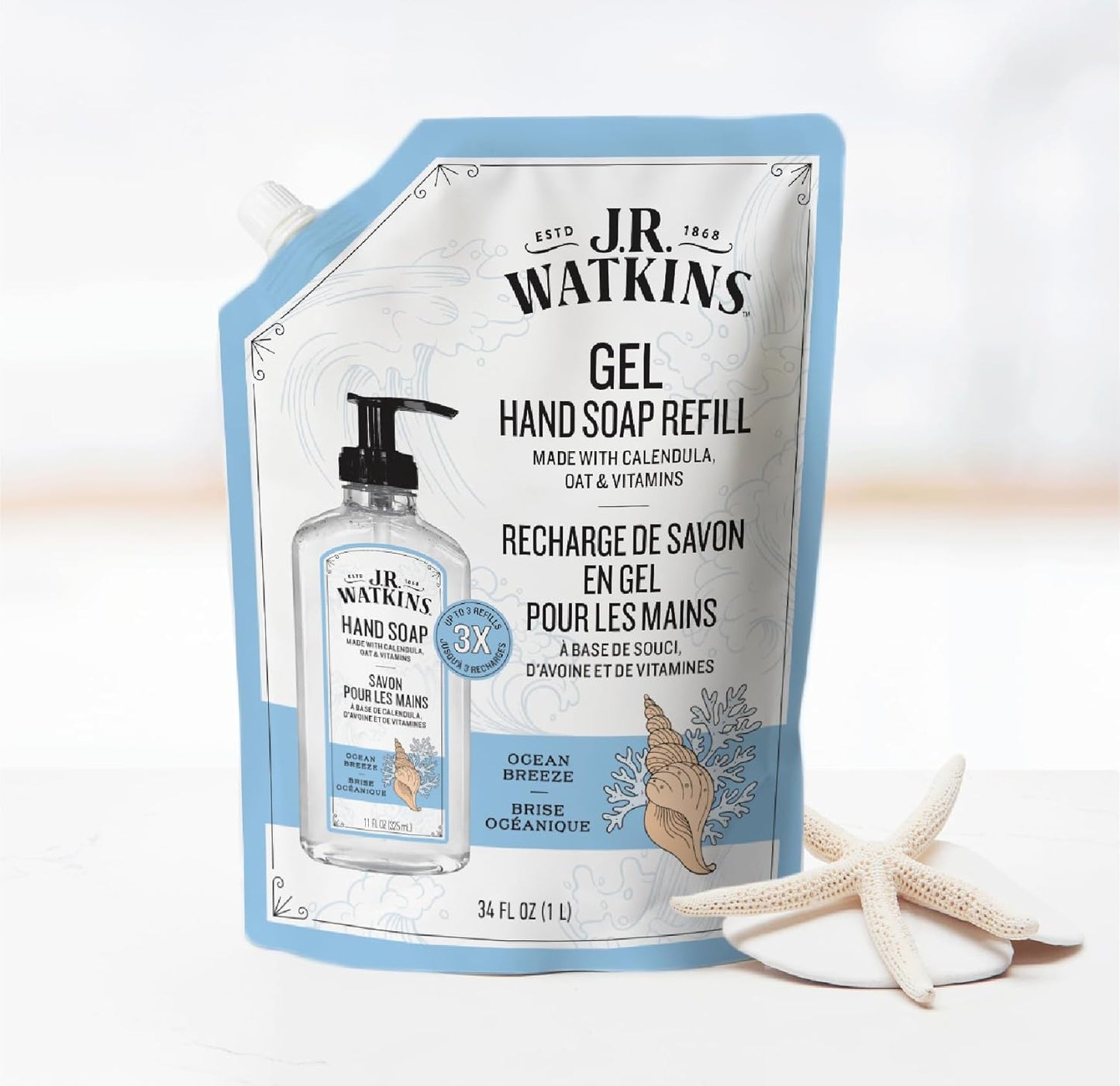 J.R. Watkins Gel Hand Soap Refill, Moisturizing Hand Wash, Formulated with Plant-Based Cleansers, Alcohol-Free, Cruelty-Free, Ocean Breeze, 34 Fl Oz, 2 Pack