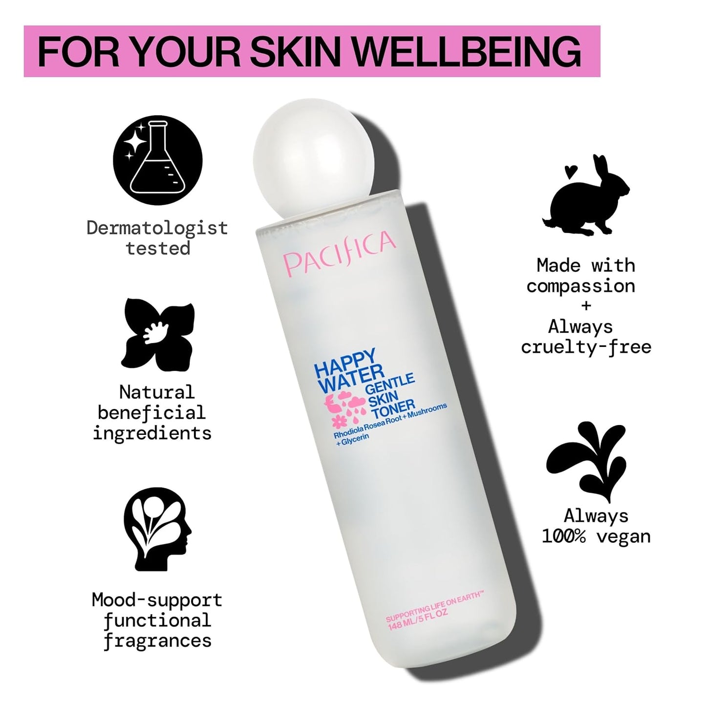 Pacifica Happy Water Hydrating Facial Toner Mist – Vegan Ceramides, Hyaluronic Acid & Electrolytes, Refreshing & Calming for Balanced Skin, Clean Beauty, Vegan, Cruelty-Free, All Skin Types, 4 oz