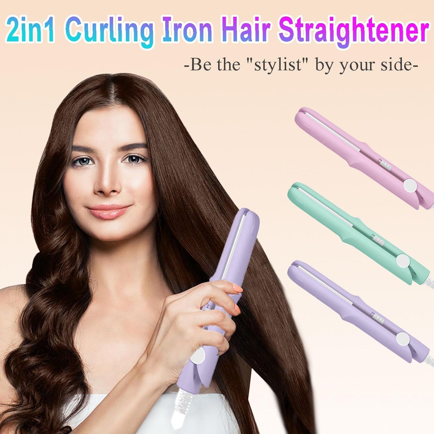 2025 New 2 in 1 Mini Dual Purpose Curling Iron, Mini Curling Wand Flat Iron Hair Straightener, Portable Travel Curl Wand for Women Short and Long Hair (Green)