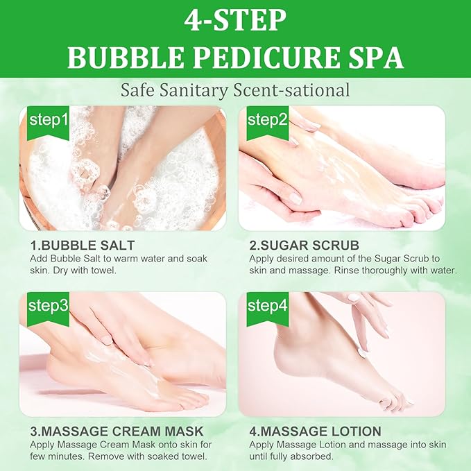 Pedicure Kit Foot Soak Set: Bubble Salt, Sugar Scrub, Massage Mask, Massage Lotion in a Box, 4 Step Foot Spa Kit for Dry Feet, Calluses and Tired Feet(3 Set Jasmine)