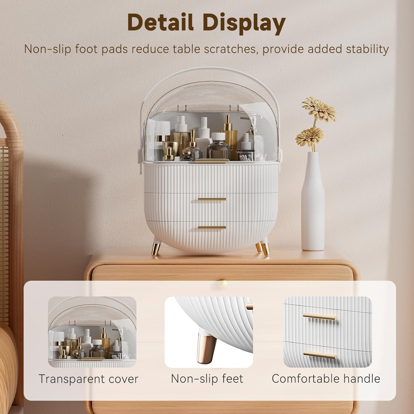 Makeup Organizers, Make Up Organizer for Vanity, Countertop Cosmetic Storage with Drawers and Transparent Cover for Bedroom Bathroom, White