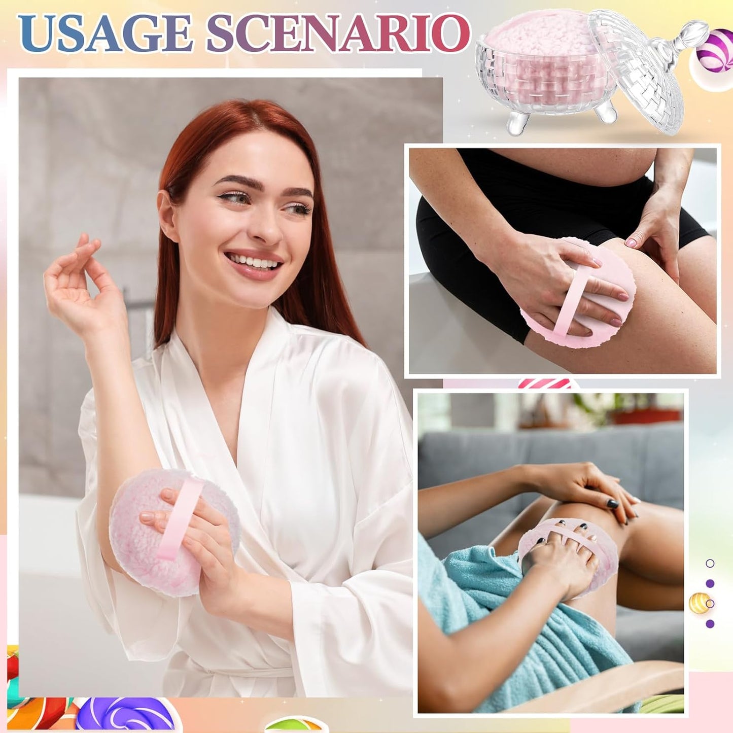 Tioncy 2 Pcs Extra Large Dusting Powder Puff and Container 6'' Body Powder Puff and Crystal Container for Women Soft Washable Reusable Velour Face(Clear)