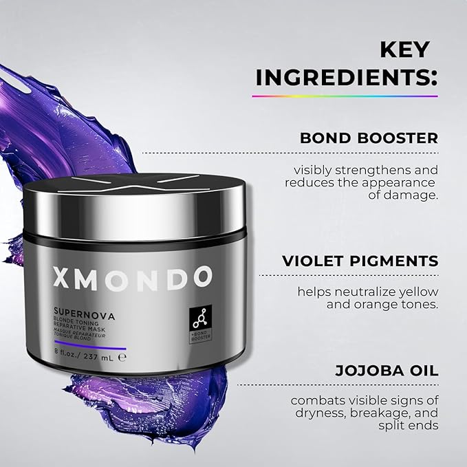 XMONDO Hair Supernova Blonde Toning Reparative Mask, Vegan Formula with Jojoba Oil, Reducing Brassy and Yellow Tones on Blonde, Highlighted, and Gray Hair Colors, 8 Fl. Oz