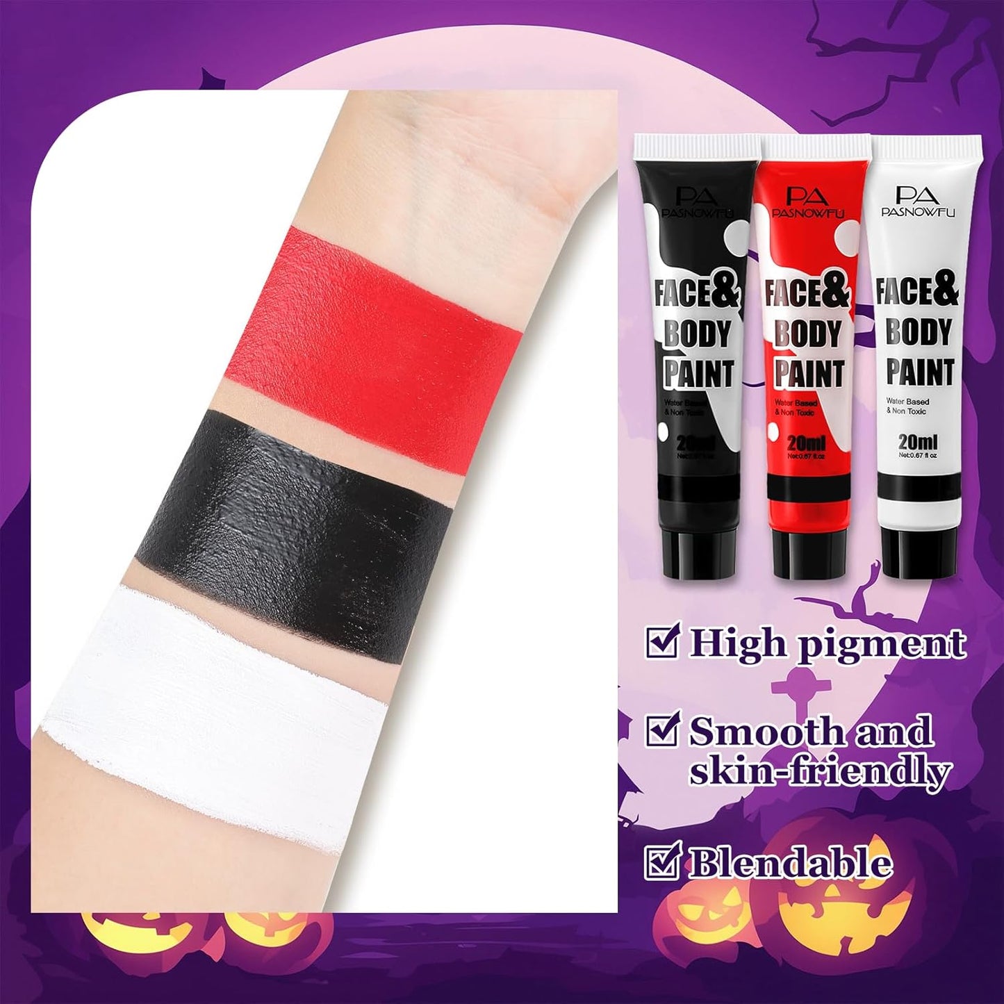 Black White Red Face Paint - Water-Based Non-Toxic Face Body Paint Kit for Demon and Spider-Inspired , Full Coverage Washable Formula for Halloween Cosplay, Costume Parties, Sports Events
