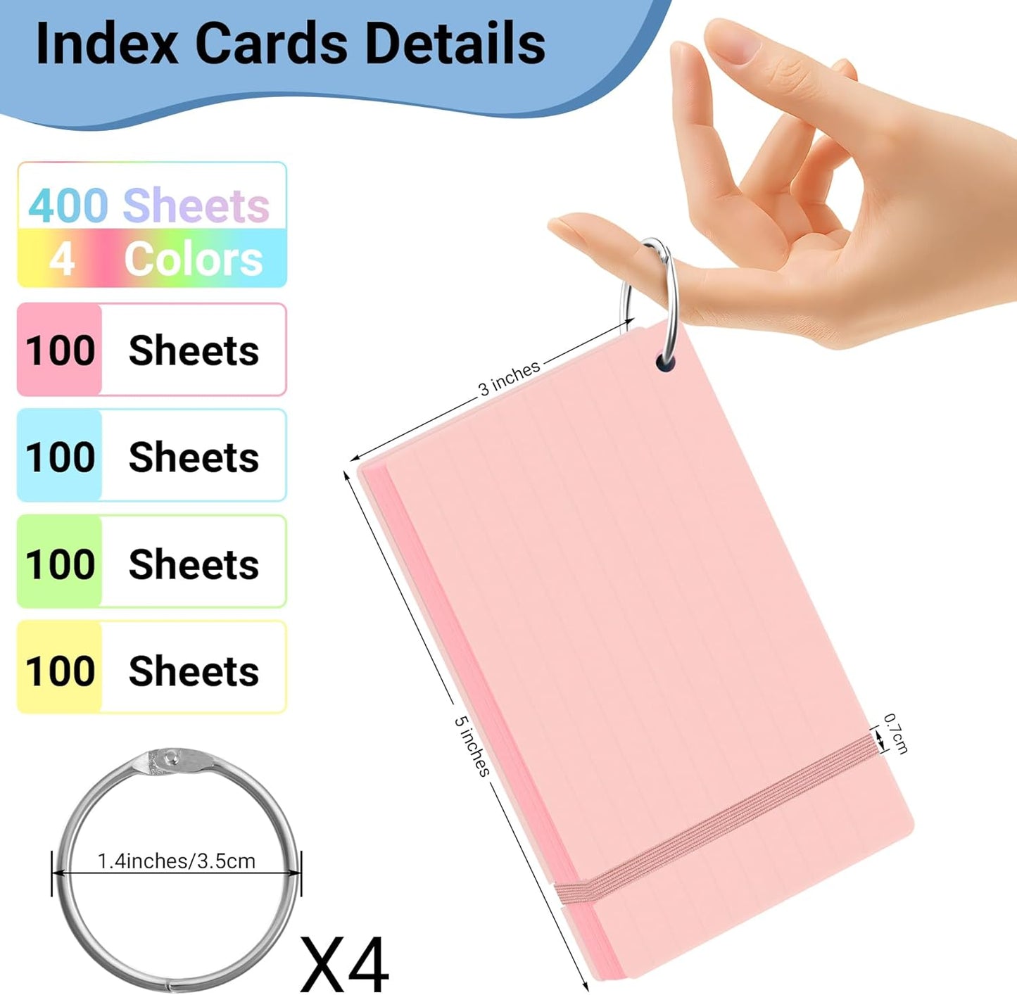 HAUTOCO Colored Index Cards 3x5 Inch 400 PCS Flash Cards with Ring Ruled Notecards with Waterproof Covers Flashcards for Studying Learning School College, 4 Colors
