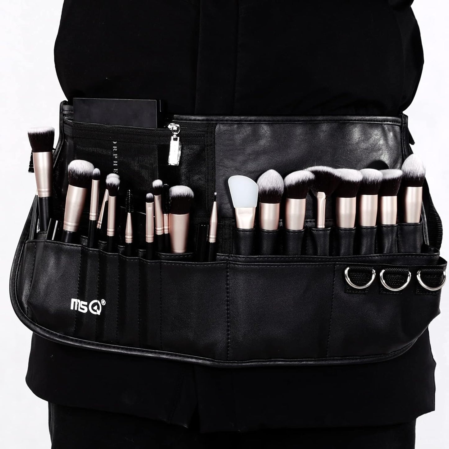 MSQ Makeup Brush Bag with Belt Cosmetic Brush Pouch Holder Organizer Multi Pocket Apron Pack with Adjustable Artist Belt Strap Large Capacity Great for Artist/Fashion Stylist (Brush Not Included)