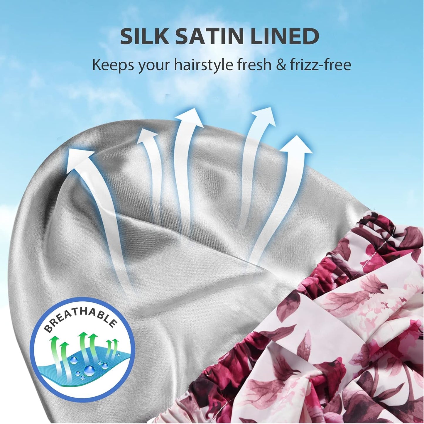 INNELO Luxury Shower Cap for Women Reusable Waterproof, Double Layered Shower Hair Cap with Adjustable Elastic Strap, Large Satin Lined Shower Bath Cap for Long Curly Straight Hair, Pink-Flower