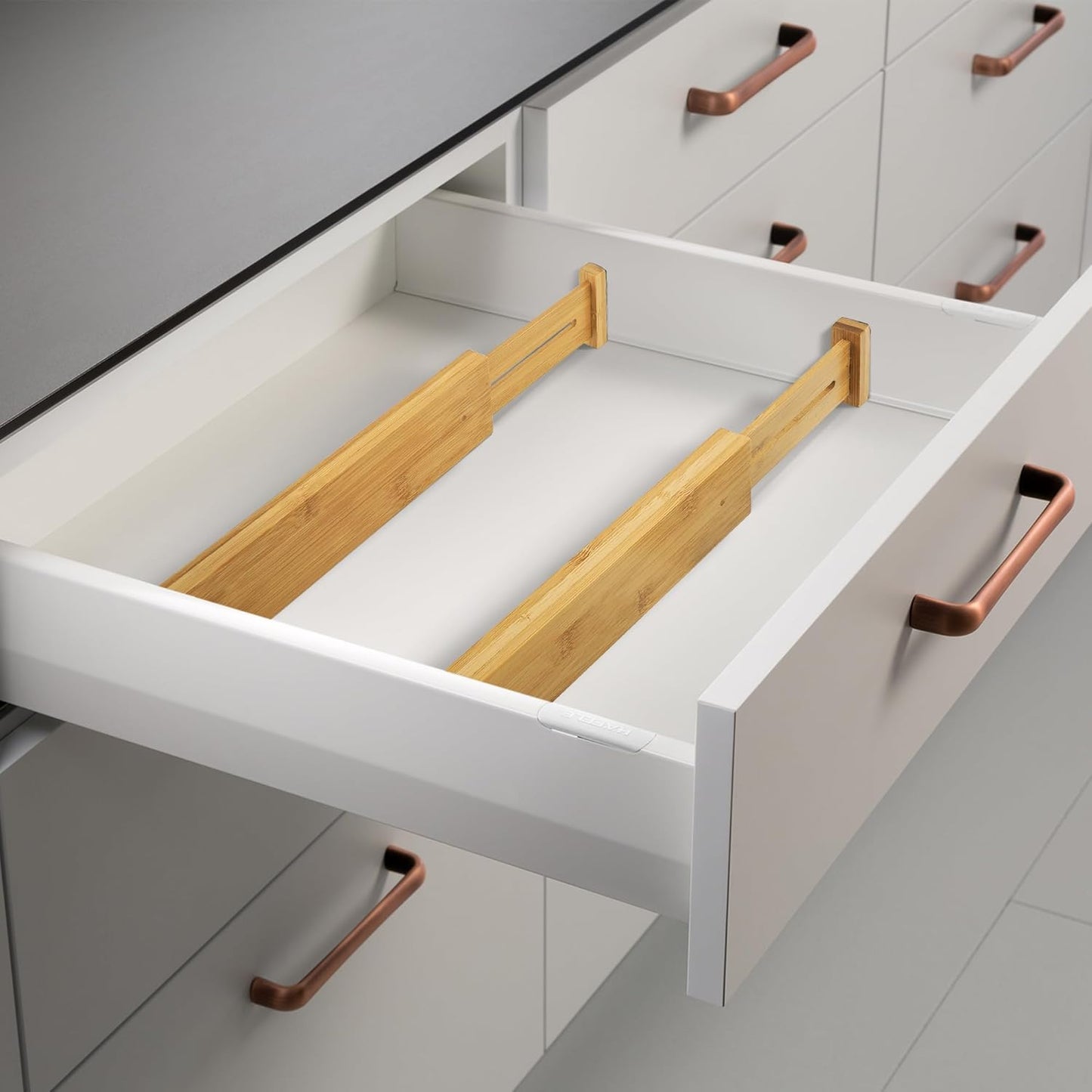 VaeFae 6-Pack Bamboo Drawer Dividers – Adjustable 14"-19.1" (Fits 15"-18" Drawers ONLY), Spring-Loaded Expandable Organizer for Kitchen, Bedroom, Office & Bathroom, MUST MEASURE Before Purchase