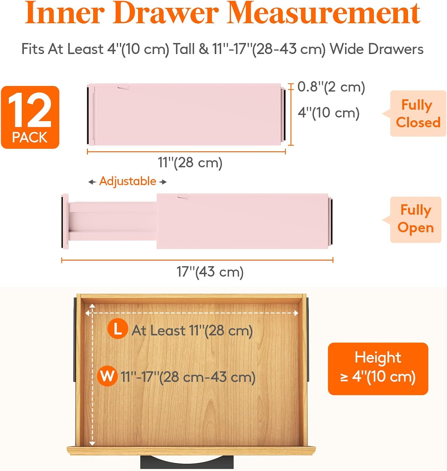 Lifewit 12 Pack Drawer Dividers Plastic 4" High, 11-17" Adjustable Drawer Organizers for Clothes, Expandable Dresser Separators in Bedroom/Bathroom/Kitchen/Office Organization and Storage, Pink