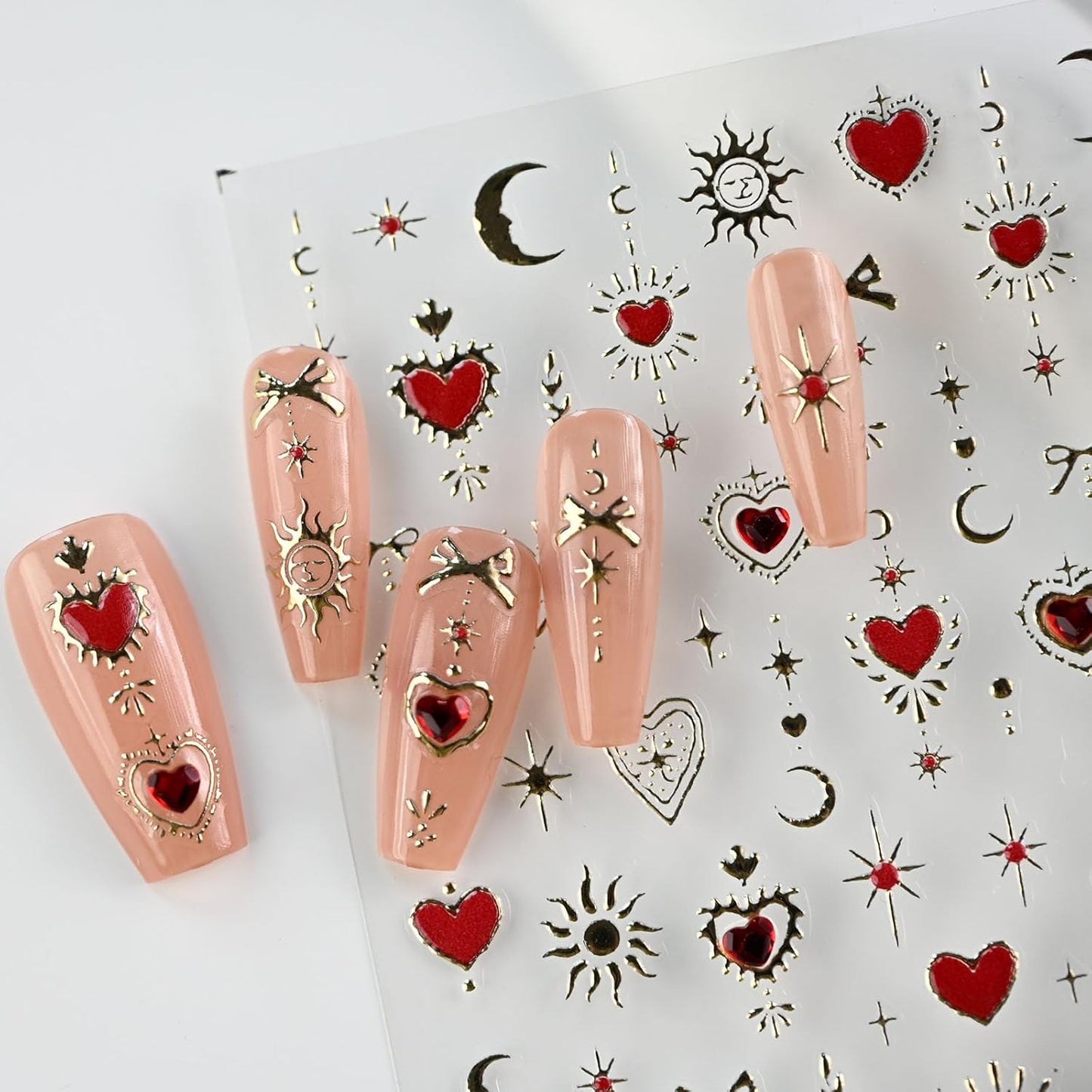 Gold Totem Red Heart Nail Art Stickers, Embossed Moon Star Decals, Self-Adhesive Accessories for Women, Aesthetic Supplies for Nail Design