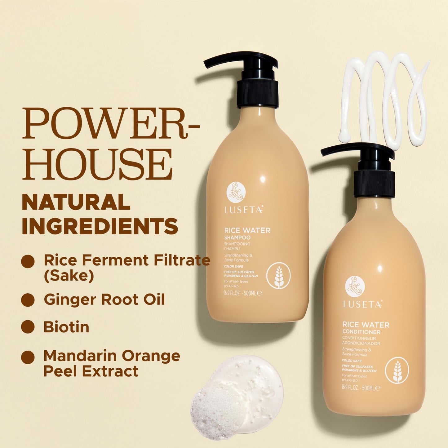 Luseta Rice Water Shampoo and conditioner Set Strengthening & Nourishing Revitalizes Shine for All Hair Types Hydrating & Frizz Control for Women and Men 16.9oz*2