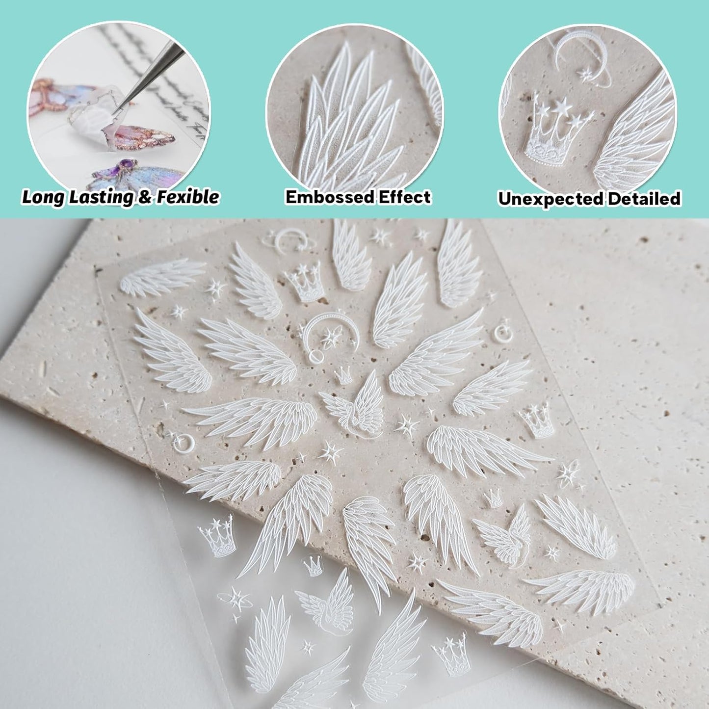 White Wings Nail Art Stickers, Embossed Decals, Self-Adhesive Design, Accessories and Supplies for Women