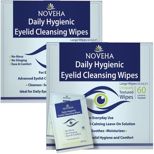 NOVEHA 120Pcs Daily Hygienic Eyelid & Lash Wipes | 120 Individually Wrapped Cleansing Eyelash Wipes - For Blepharitis & Itchy Eyes, Demodex and Natural Makeup Remover & Daily Cleanser (2 Pack)
