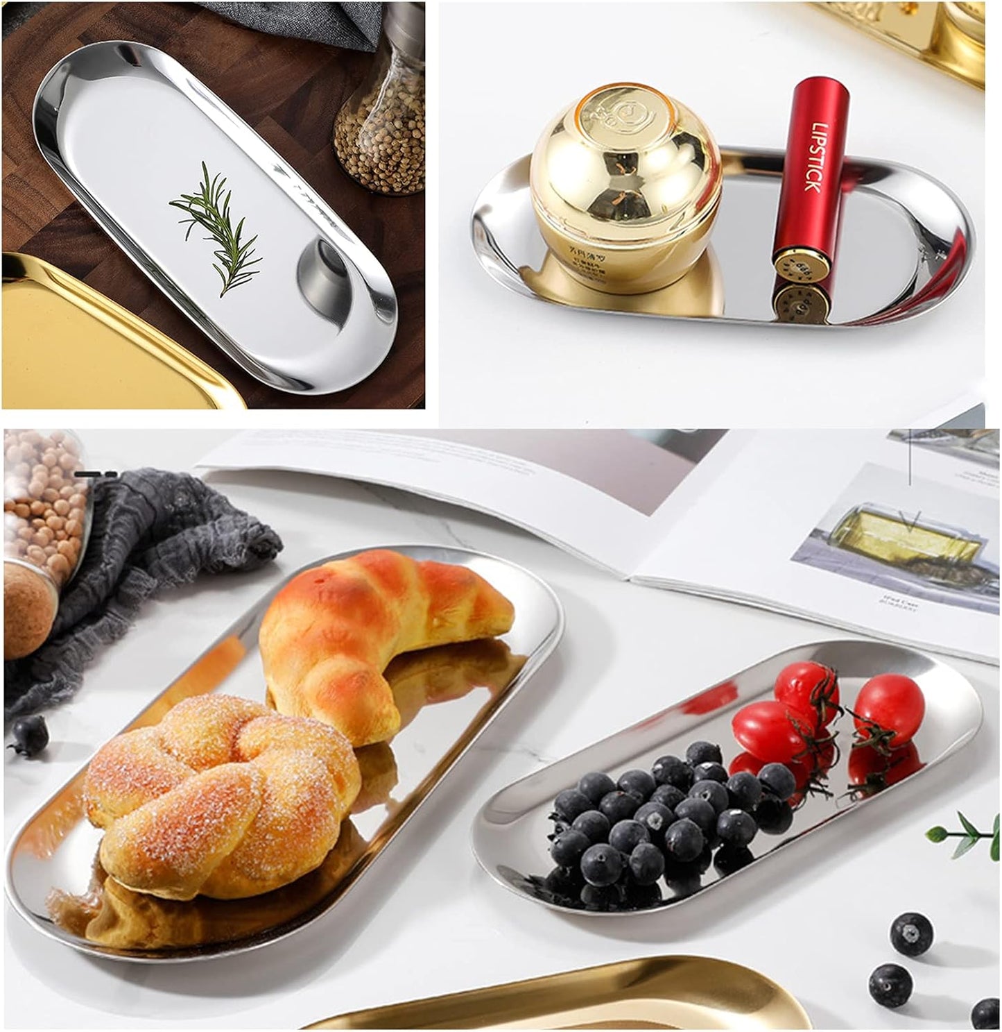 1 Pcs 9 Inch x 3.8 Inch Trinket Tray, Silver Stainless Steel, for Serving Trays Towel Storage Dish Plate Tea Fruit Trays Jewelry Plate Decorative Storage Tray