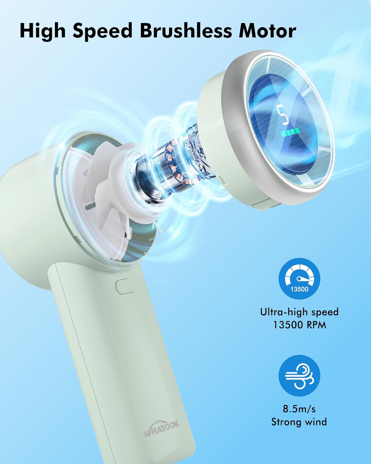 WHATOOK Portable Mini Fan: High Speed Cooling Fan, 10 Hours Battery Life, USB Rechargeable, Small Essentials for Women, Beach Travel, Vacation (Green)