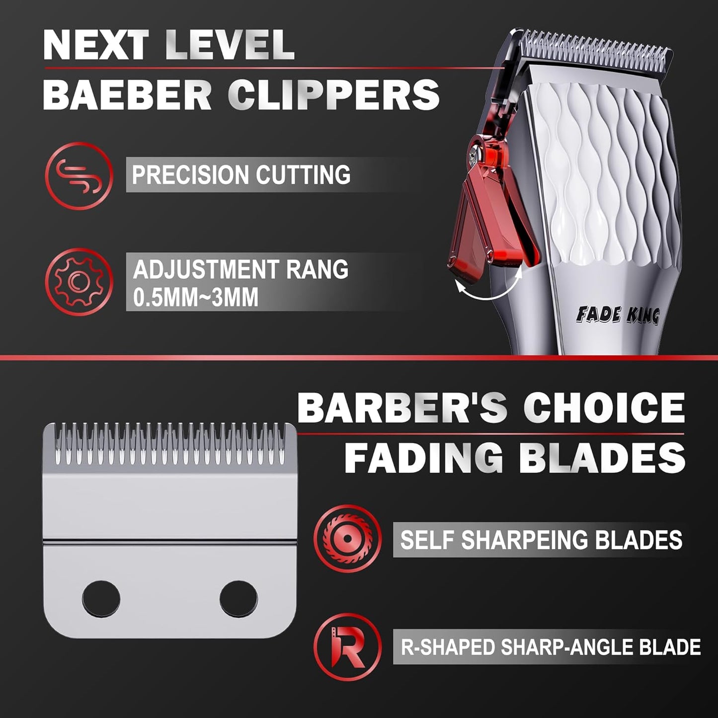 FADEKING® Professional Hair Clippers for Men - Cordless Hair Clippers, LCD Display Barber Clippers for Hair Cutting & Mens Grooming with Travel Case(Silver+red)