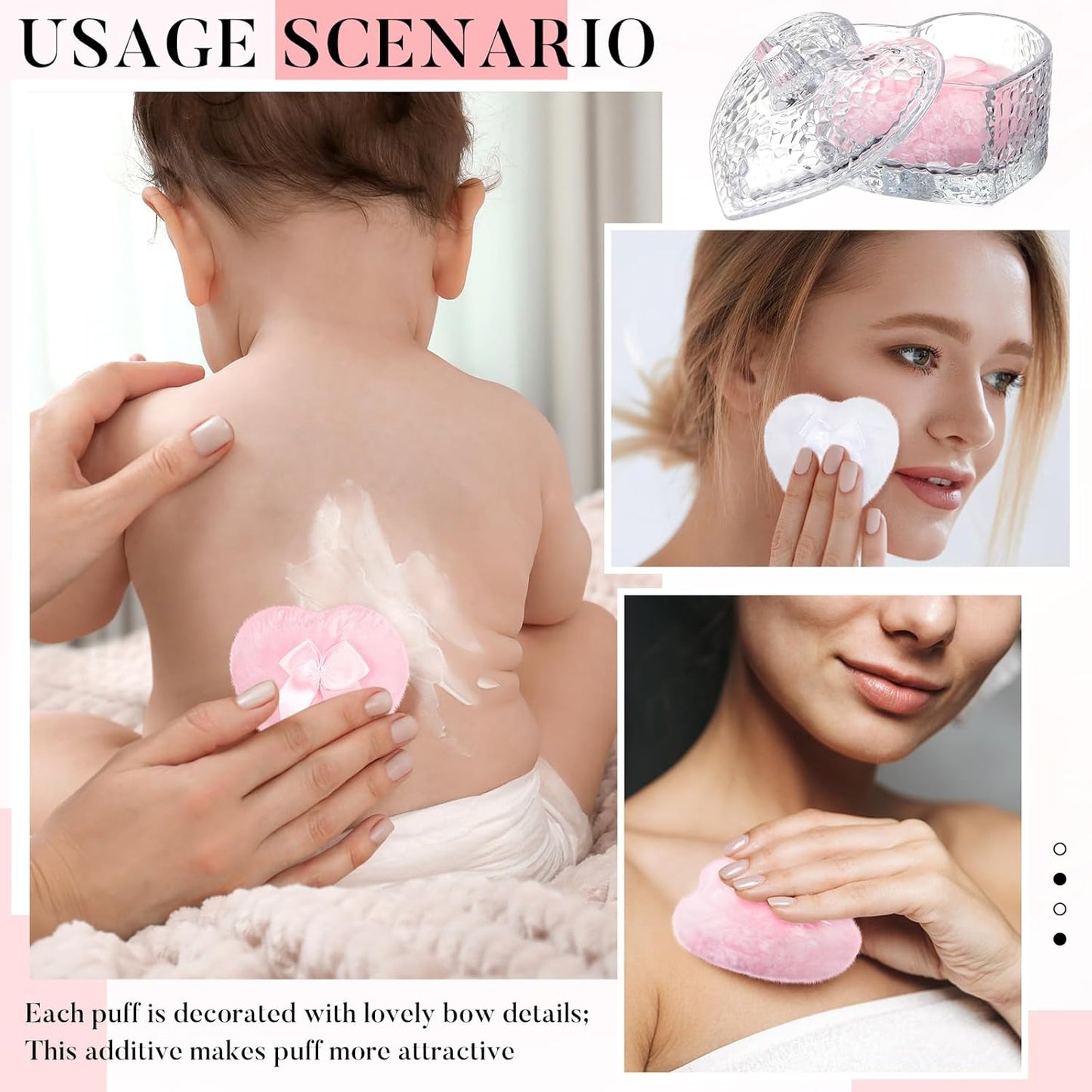 Tioncy 3 Pcs Large Body Powder Puff and Container Powder Container with Puff Crystal Case Soft Washable Reusable Velour Face Body Glitter Wet Dry Makeup(Heart,Clear)