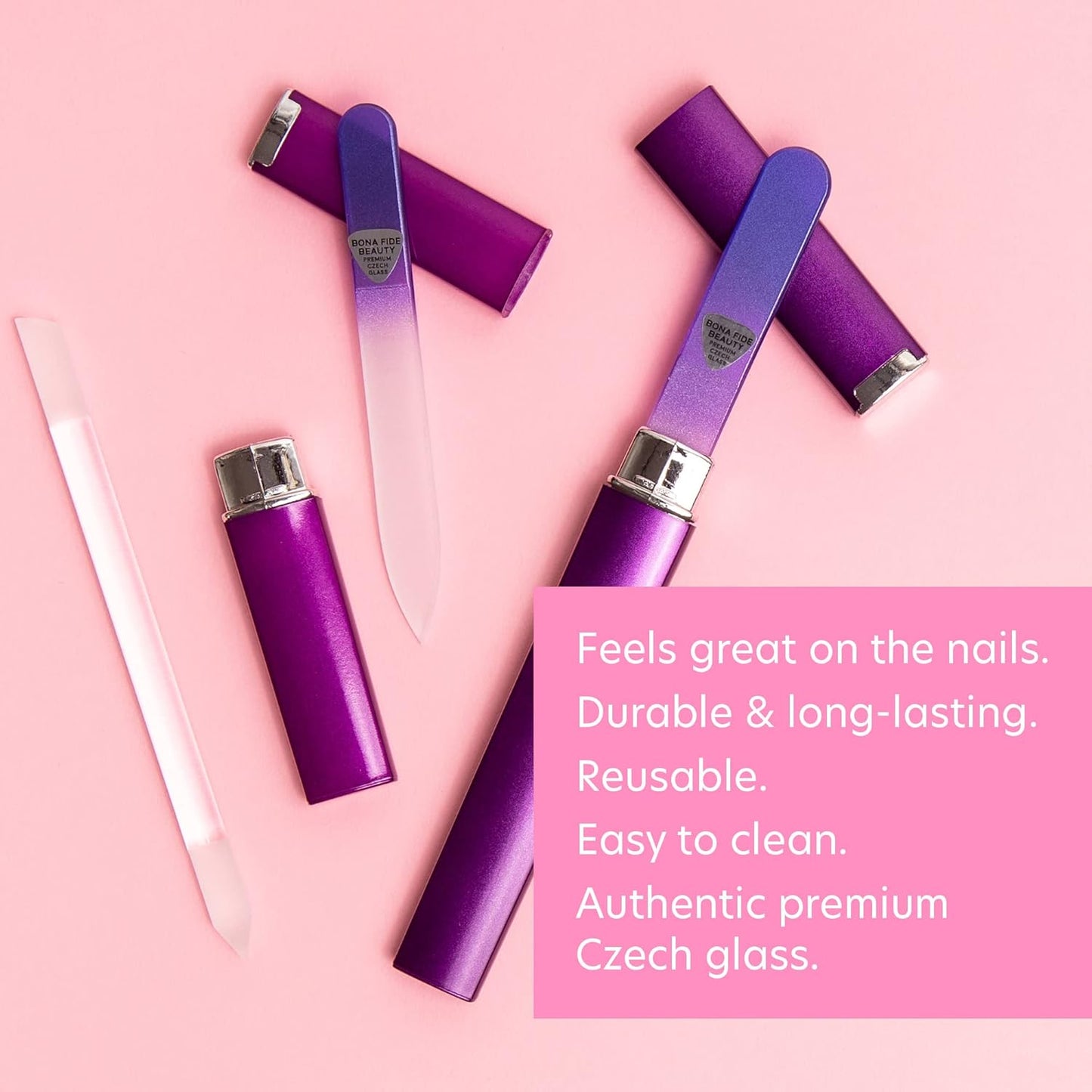 Bona Fide Beauty Glass Nail Files Kit in Purple- 3Pc Set Includes Glass Cuticle Pusher, Mini Travel Nail File, and Medium Glass File for Natural Nails