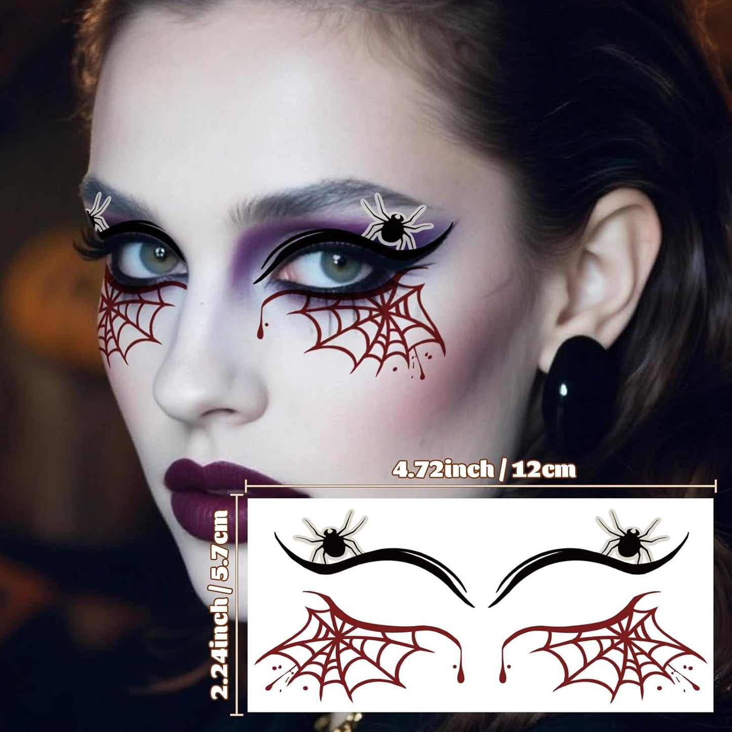12 Sheets Halloween Luminous Temporary Tattoo, Upper & Lower Lash Designs Waterproof with Scary Motifs for Men & Women Cosplay Party & Festive Looks & Stage Face Makeup Decoration