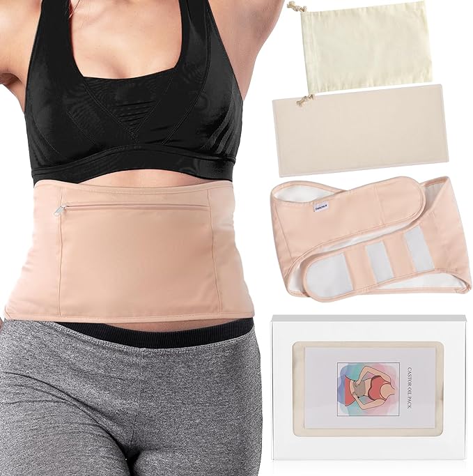 DEROWN Castor Oil Packs for Liver Detox, Less Mess Made of Organic Cotton Flannel & Waterproof PUL, Reusable Massage Castor Oil Pack Kit with Anti Oil Leak Design (Oil Not Included)