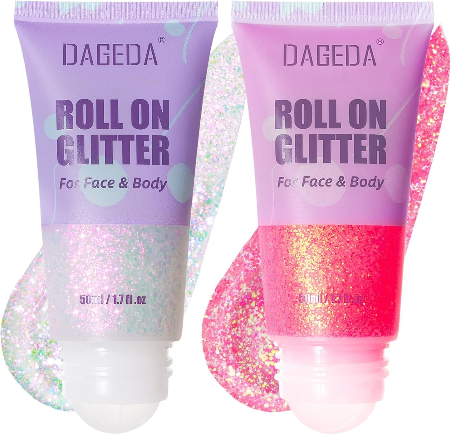 DAGEDA 2 Colors Roll-on Body Glitter, Eye Face Glitter Gel for Festival Outfit Mermaid Accessories,Holographic Color Body Shimmer Makeup Rave Outfits Accessories for Women(02+05)