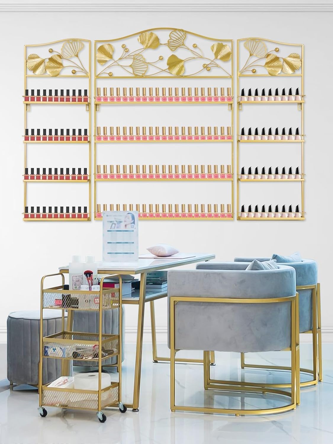 EBANKU Metal Nail Polish Racks, Gold Flower Shape Display Rack Cosmetic Display Case Lipstick Perfume Wall-mounted Shelf Essential Oil Organizer for Home Spa Nail Salon Shop