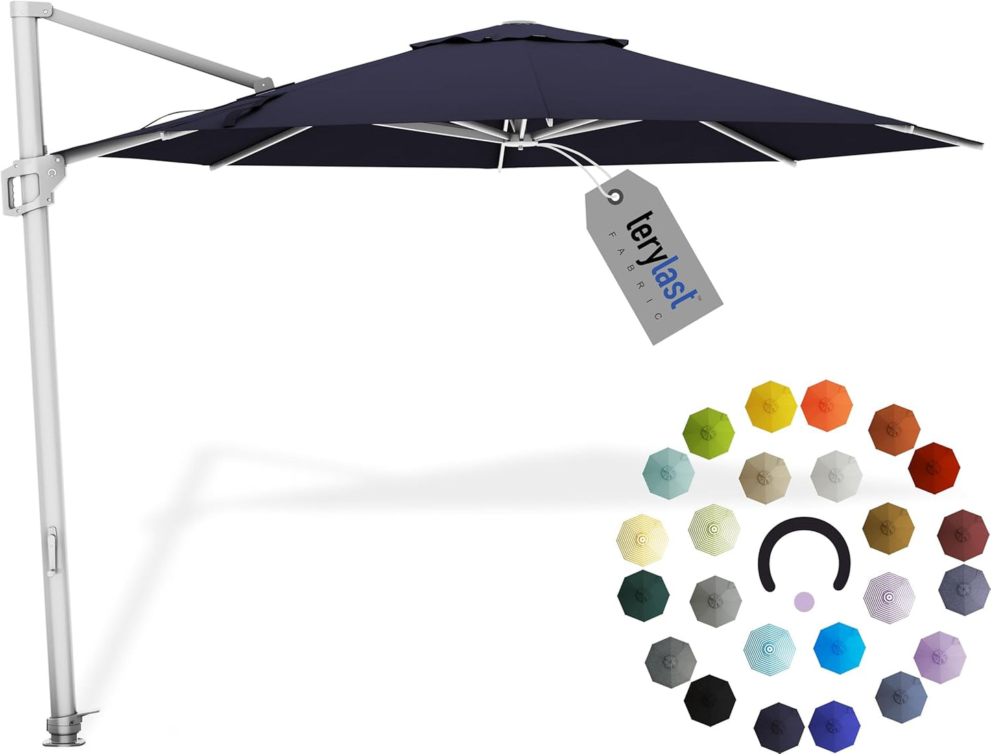 Midtown Umbrellas 10 Ft Outdoor Cantilever Patio Umbrella w/Terylast Navy Blue Fabric - Rotate Tilt 360° Offset Patio Umbrella, Deck Patio Umbrella, Backyard Umbrella & Garden Umbrella - Silver Frame