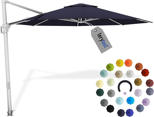 Midtown Umbrellas 10 Ft Outdoor Cantilever Patio Umbrella w/Terylast Navy Blue Fabric - Rotate Tilt 360° Offset Patio Umbrella, Deck Patio Umbrella, Backyard Umbrella & Garden Umbrella - Silver Frame