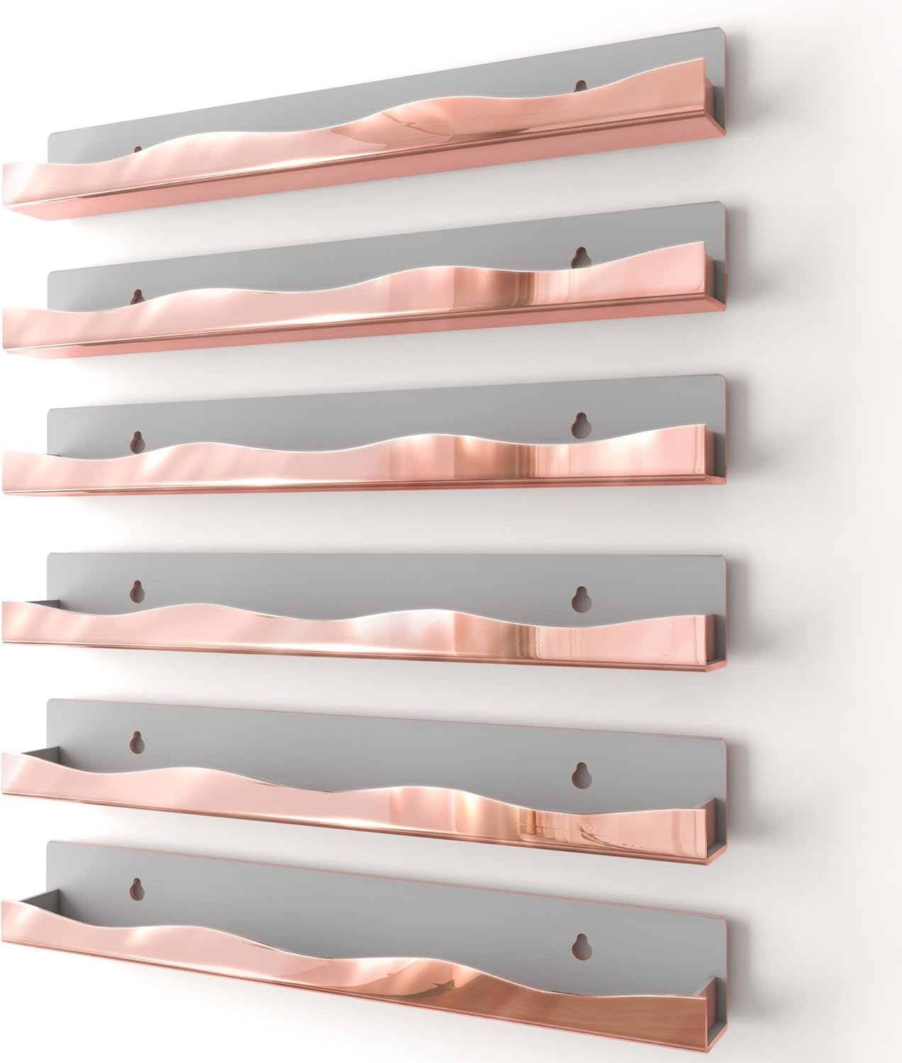 Wall-Mounted Nail Polish Organizer Rack - 15-Inch Rose Gold Mirror Finish Nail Polish Shelf, Makeup & Beauty Essentials Storage - Multi-Purpose Display Holder for Small Space, Vanity Bathroom, 6 Pack