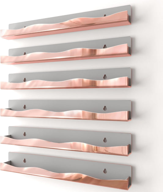 Wall-Mounted Nail Polish Organizer Rack - 15-Inch Rose Gold Mirror Finish Nail Polish Shelf, Makeup & Beauty Essentials Storage - Multi-Purpose Display Holder for Small Space, Vanity Bathroom, 6 Pack