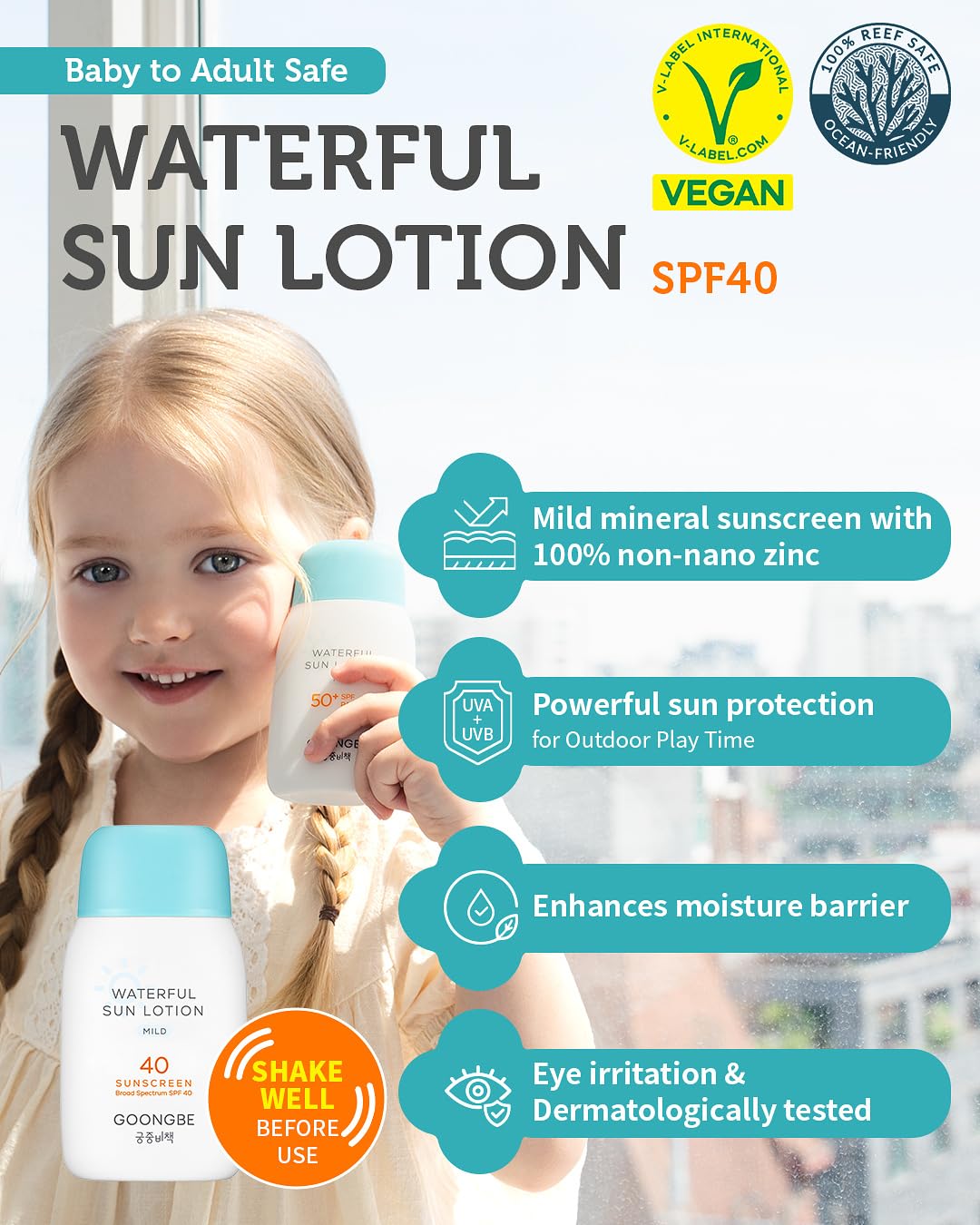 GOONGBE Sun Lotion SPF 40 & Moisture Sun Cushion SPF 50-100% Zinc Oxide Mineral Sunscreen - Vegan Reef-Safe for Babies Kids Adults - Korean Skincare, 2.82oz & Cushion 0.81oz